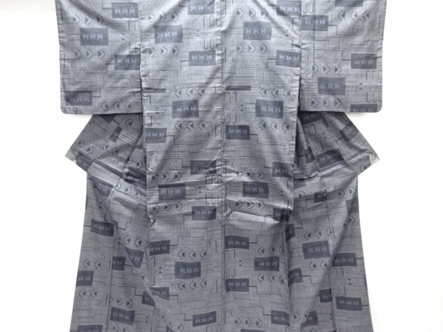 JAPANESE KIMONO / DORO OSHIMA TSUMUGI / WOVEN GEOMETRIC / 5MARUKI